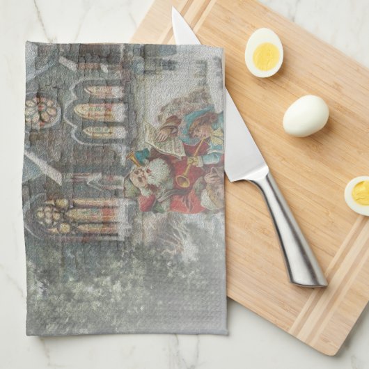 Alte Zeit Santa mit Kindern vor einer Kirche Geschirrtuch (Viertel Falte)