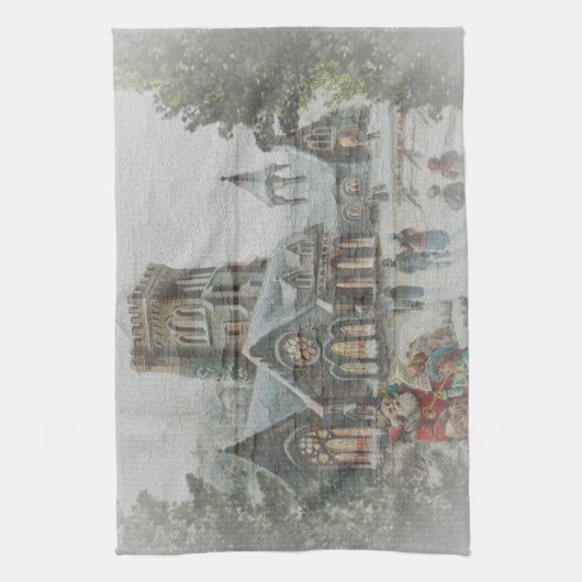 Alte Zeit Santa mit Kindern vor einer Kirche Geschirrtuch (Vertikal)