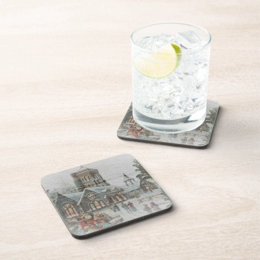 Alte Zeit Santa mit Kindern vor einer Kirche Getränkeuntersetzer (Rechte Seite)