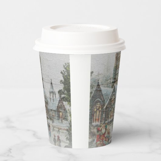 Alte Zeit Santa mit Kindern vor einer Kirche Pappbecher (Links)