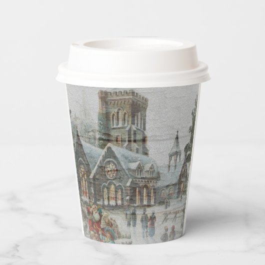 Alte Zeit Santa mit Kindern vor einer Kirche Pappbecher (Rückseite)