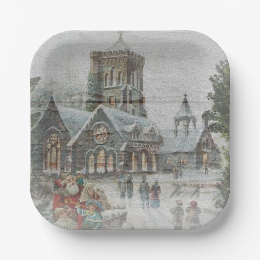 Alte Zeit Santa mit Kindern vor einer Kirche Pappteller (Vorderseite)