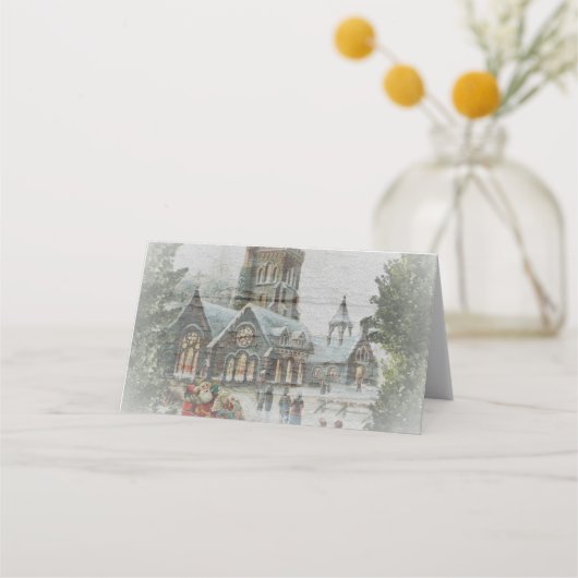 Alte Zeit Santa mit Kindern vor einer Kirche Platzkarte (Rückseite)