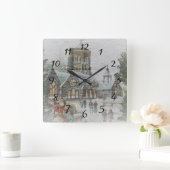 Alte Zeit Santa mit Kindern vor einer Kirche Quadratische Wanduhr (Zuhause)