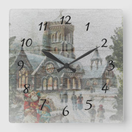 Alte Zeit Santa mit Kindern vor einer Kirche Quadratische Wanduhr