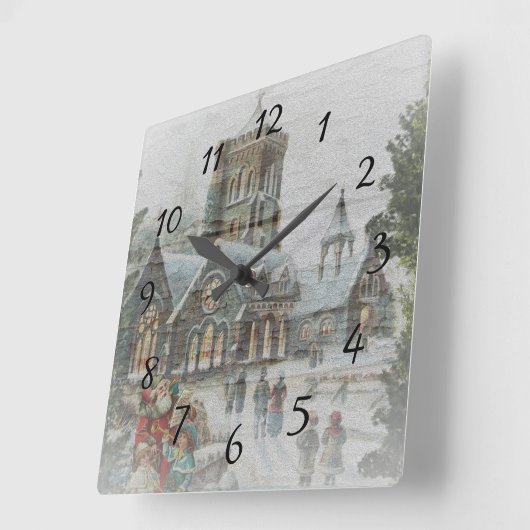 Alte Zeit Santa mit Kindern vor einer Kirche Quadratische Wanduhr (Winkel)