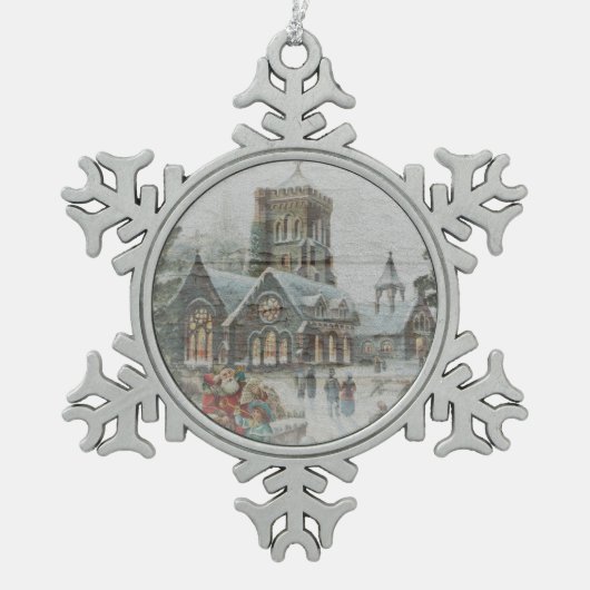 Alte Zeit Santa mit Kindern vor einer Kirche Schneeflocken Zinn-Ornament (Vorderseite)