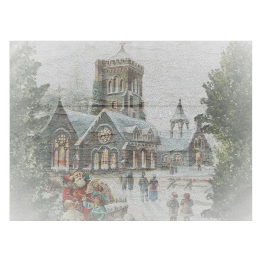 Alte Zeit Santa mit Kindern vor einer Kirche Tischdecke (Vorderseite (Horizontal))