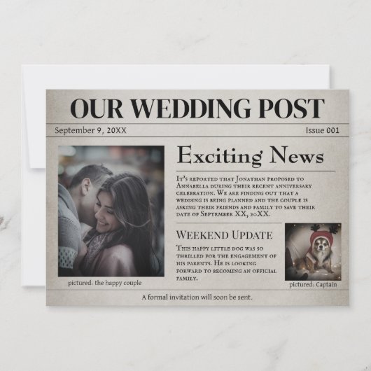 Alte Zeitungshochzeit retten das Datum Einladung (Vorderseite)