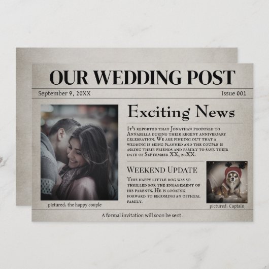 Alte Zeitungshochzeit retten das Datum Einladung (Vorne/Hinten)