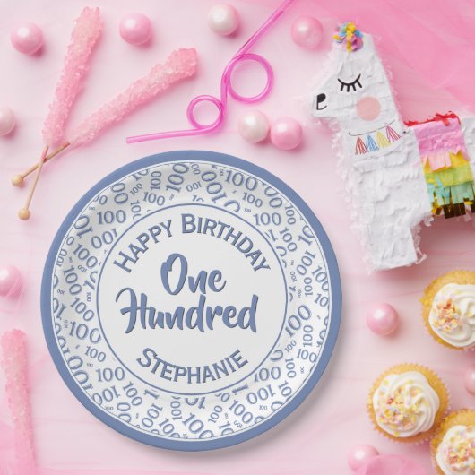 Alter 100 Gespeichertes Zahlenmuster Blau/Weiß Pappteller (Party)