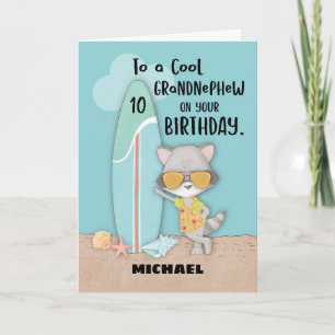 Alter 10 Grandnephew Birthday Beach Funny Raccoon Karte