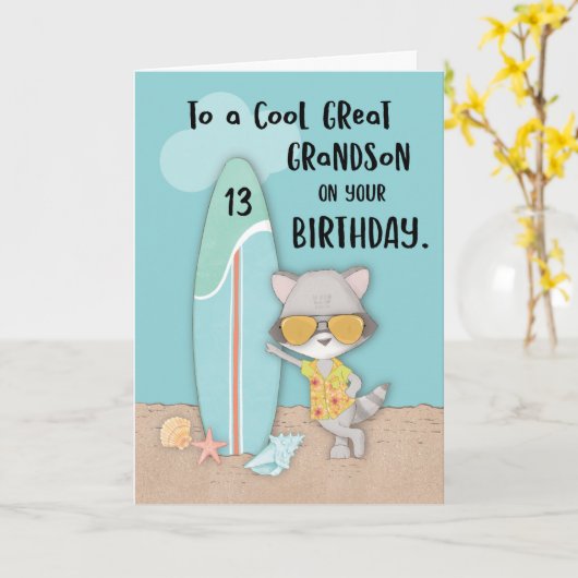 Alter 13 Great Grandson Birthday Beach Funny Racco Karte (Gelbe Blume)