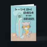Alter 13 Great Grandson Birthday Beach Funny Racco Karte<br><div class="desc">Wenn Sie die Vorderseite dieser Karte sehen, wird der coole Waschbär Sie an Ihren coolen und hübschen Urenkel erinnern, der auch den Strand und das Surfen Lieben. Aber das Wichtigste, das wird Sie definitiv daran erinnern, dass es bald sein 13. Geburtstag sein wird! Also hol ihm jetzt eine Kopie dieser...</div>