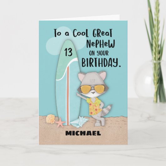 Alter 13 Great Nephew Birthday Beach Funny Raccoon Karte (Vorderseite)