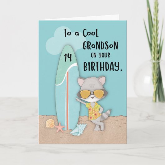 Alter 14 Grandson Birthday Beach Funny Cool Raccoo Karte (Vorderseite)