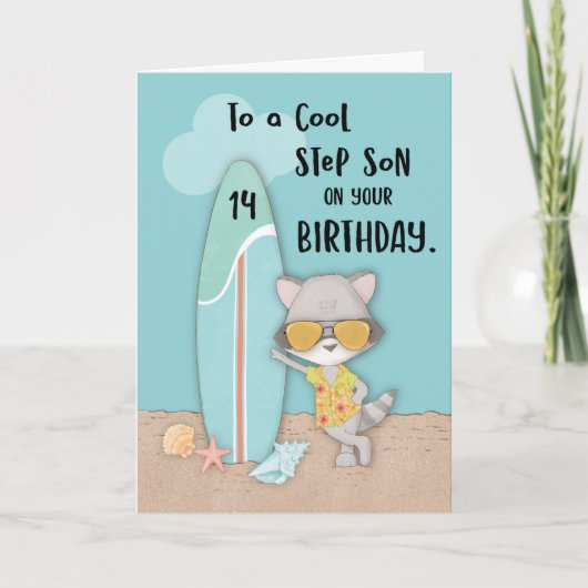 Alter 14 Step Son Birthday Beach Funny Cool Raccoo Karte (Vorderseite)