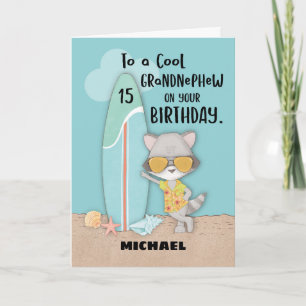 Alter 15 Grandnephew Birthday Beach Funny Raccoon Karte