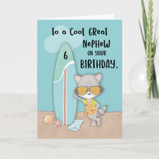 Alter 6 Great Nephew Birthday Beach Funny Raccoon Karte (Vorderseite)