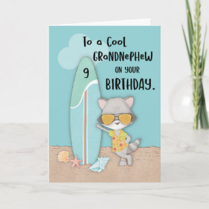 Alter 9 Grandnephew Birthday Beach Funny Raccoon Karte