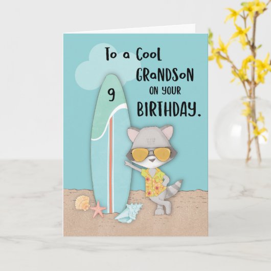 Alter 9 Grandson Birthday Beach Funny Cool Raccoon Karte (Gelbe Blume)
