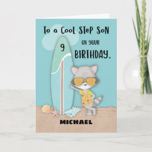 Alter 9 Step Son Birthday Beach Funny Cool Raccoon Karte