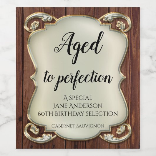Alter bis Perfection Gold Wood Birthday Wine Label Weinetikett (Einzelnes Label)