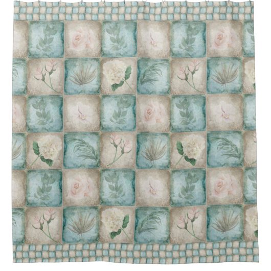 Alter botanischer Tile - Aqua und Knochen Duschvorhang (Vorderseite)