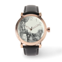 Alter Brunnen im Park mit Skulpturenjunge Armbanduhr