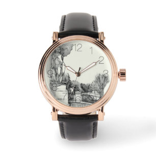 Alter Brunnen im Park mit Skulpturenjunge Armbanduhr