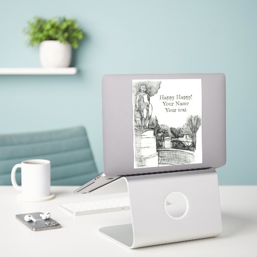 Alter Brunnen im Park mit Skulpturenjunge Aufkleber (Laptop auf Schreibtisch)