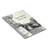 Alter Brunnen im Park mit Skulpturenjunge Notizblock (Rechte Seite)