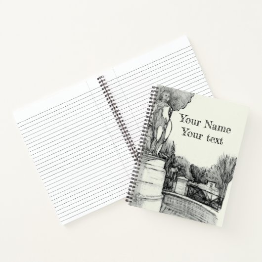 Alter Brunnen im Park mit Skulpturenjunge Notizblock (Innenseite)