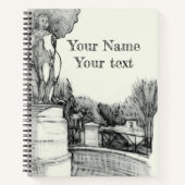 Alter Brunnen im Park mit Skulpturenjunge Notizblock (Vorderseite)