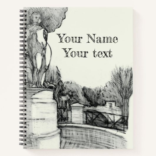 Alter Brunnen im Park mit Skulpturenjunge Notizblock (Vorderseite)