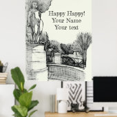 Alter Brunnen im Park mit Skulpturenjunge Poster (Heimbüro)