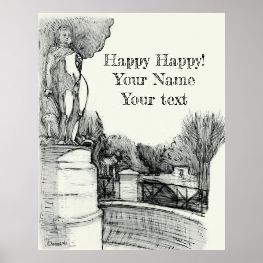 Alter Brunnen im Park mit Skulpturenjunge Poster (Vorne)