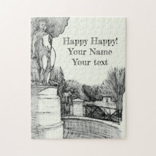 Alter Brunnen im Park mit Skulpturenjunge Puzzle