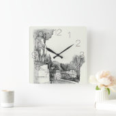 Alter Brunnen im Park mit Skulpturenjunge Quadratische Wanduhr (Zuhause)