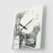 Alter Brunnen im Park mit Skulpturenjunge Quadratische Wanduhr (Winkel)