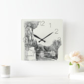 Alter Brunnen im Park mit Skulpturenjunge Quadratische Wanduhr (Zuhause)