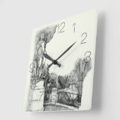 Alter Brunnen im Park mit Skulpturenjunge Quadratische Wanduhr (Winkel)