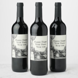 Alter Brunnen im Park mit Skulpturenjunge Weinetikett