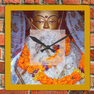 Alter Buddha mit Blume, Nepal Quadratische Wanduhr