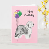 Alter englischer Schäferhund, Geburtstags-Ballone Karte (Gelbe Blume)