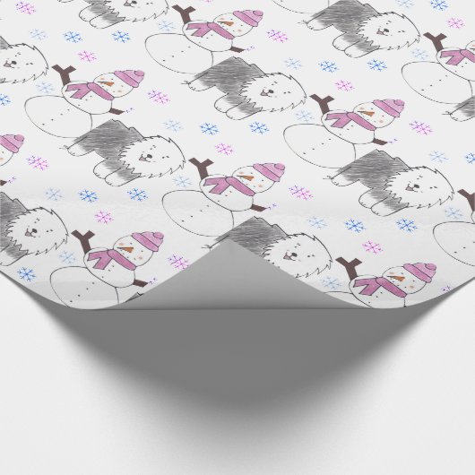 Alter englischer Schäferhund und Schneemann Geschenkpapier (Ecke)