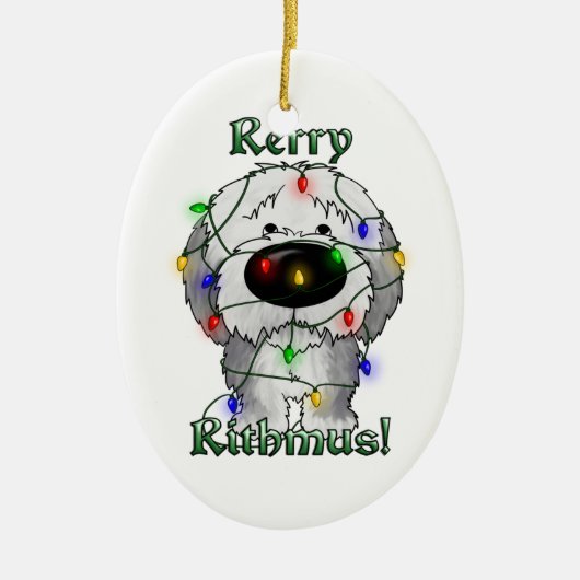 Alter englischer Schäferhund - Weihnachtslichter Keramikornament (Vorne)