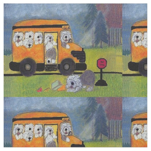 Alter englischer Schäferhund Wigglebottom Bus Stoff (Nahaufnahme)