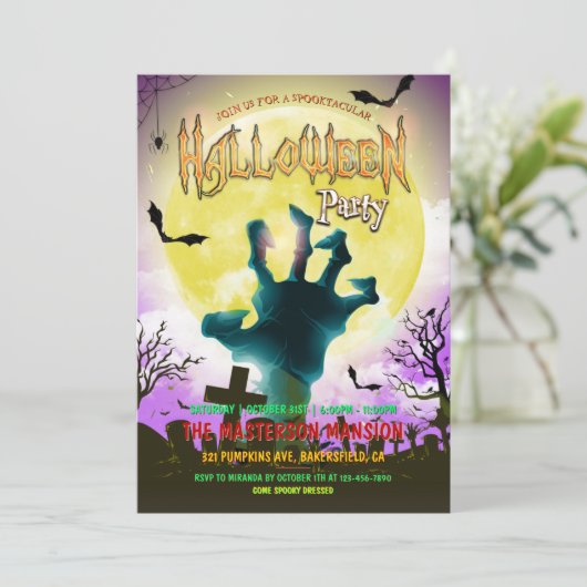 Alter Friedhof, Zombie Hand & Fleet Halloween-Part Einladung (Stehend Vorderseite)