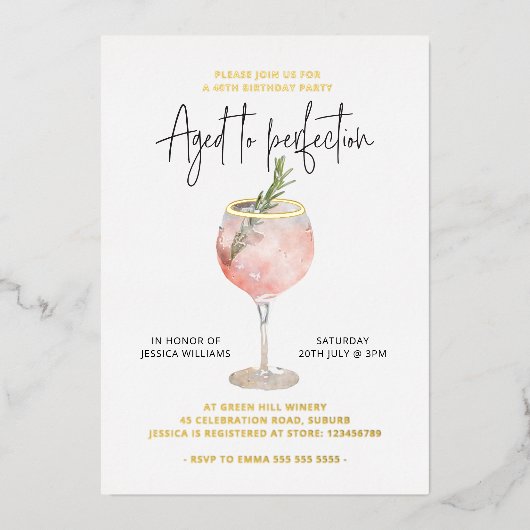 Alter für perfektes Weinthema Real Gold Folieneinladung (Vorderseite)